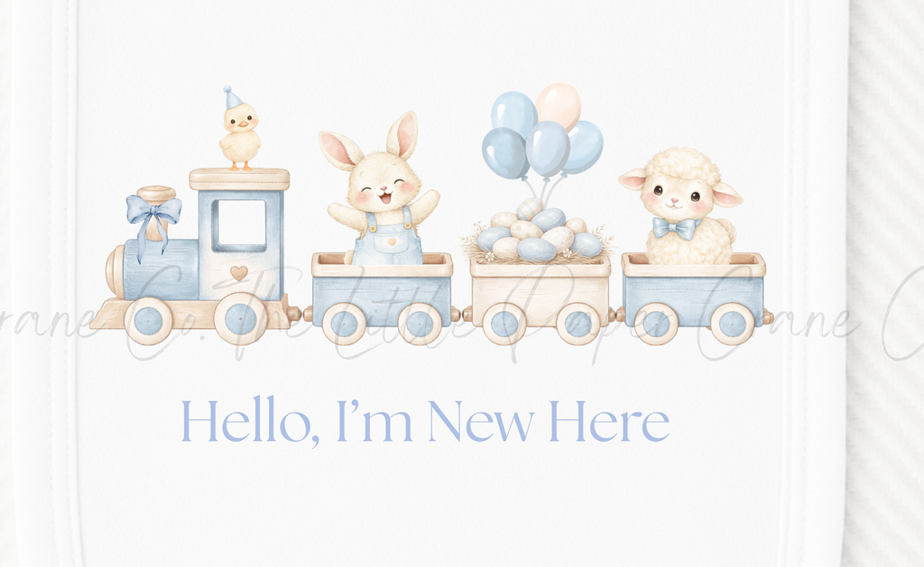 Animal Train Bib - Hello, I'm New Here White & Blue