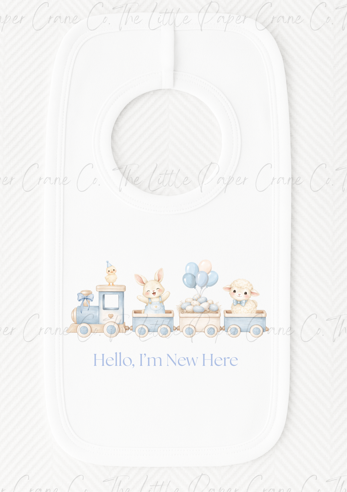 Animal Train Bib - Hello, I'm New Here White & Blue