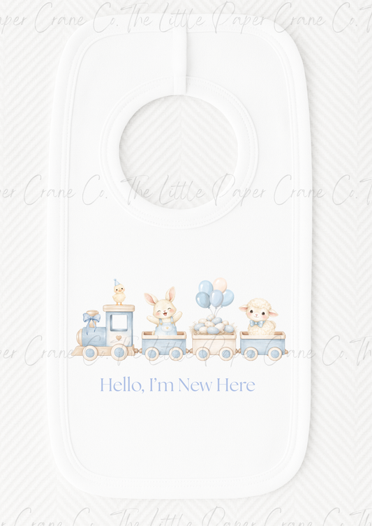 Animal Train Bib - Hello, I'm New Here White & Blue