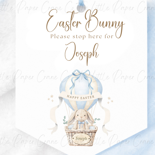 Easter Bunny Stop Here Pennant - Blue Hot Air Balloon