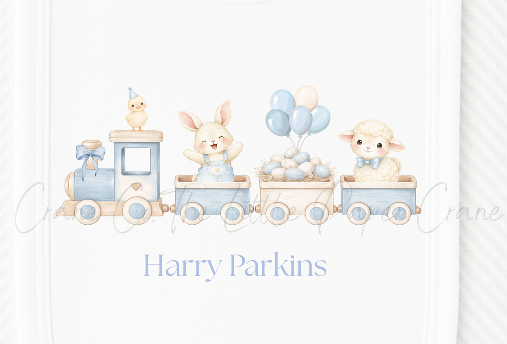 Personalised Animal Train Bib - White & Blue