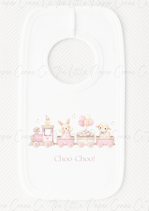 Animal Train Bib - Choo-Choo! White & Pink
