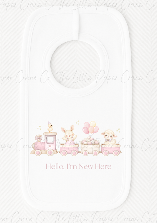 Animal Train Bib - Hello, I'm New Here White & Pink