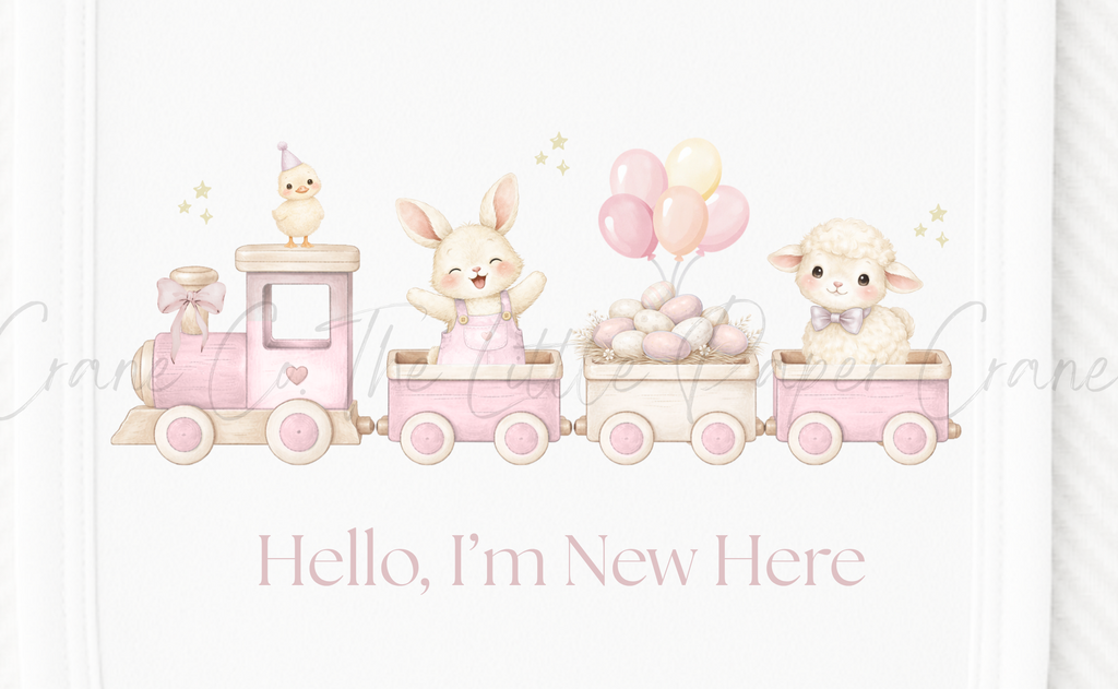 Animal Train Bib - Hello, I'm New Here White & Pink