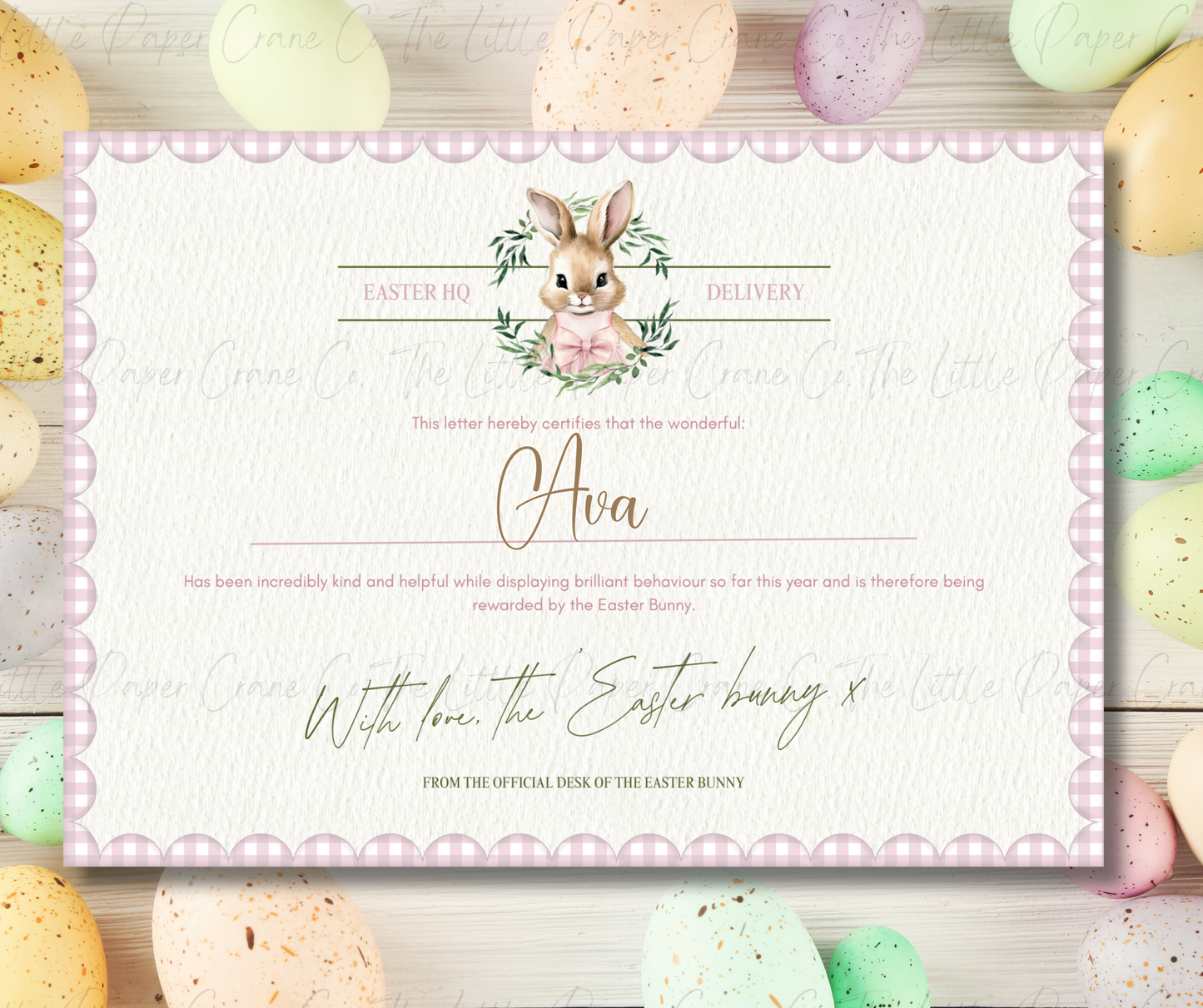 Wreath Easter Bunny Certificate - Pink