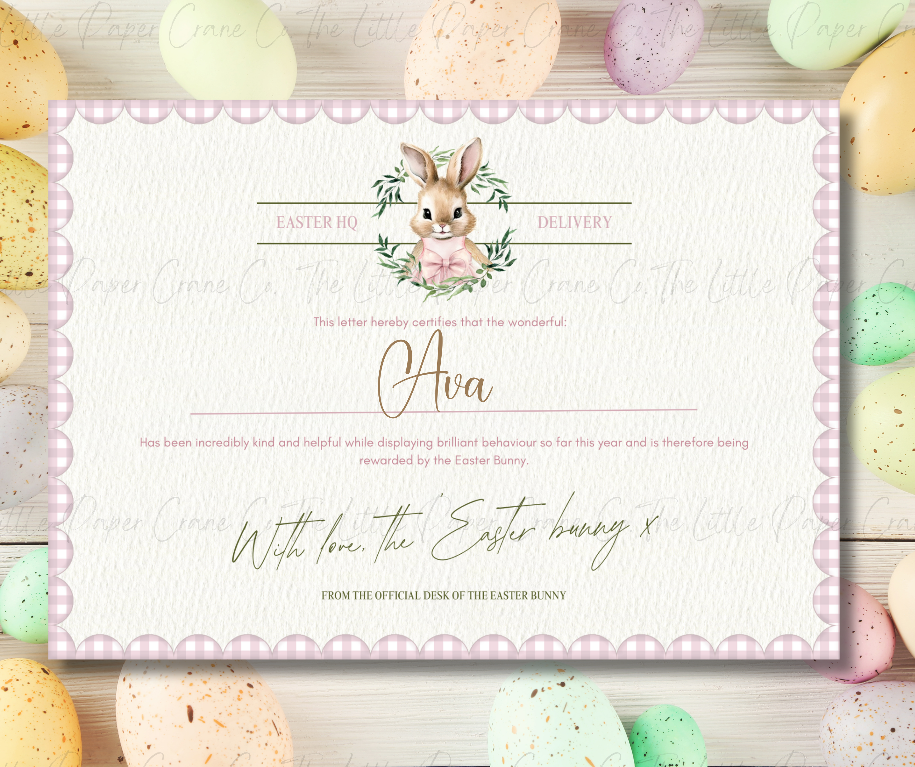 Wreath Easter Bunny Certificate - Pink