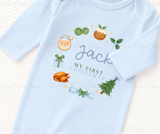 My First Christmas Babygrow - Wreath Blue