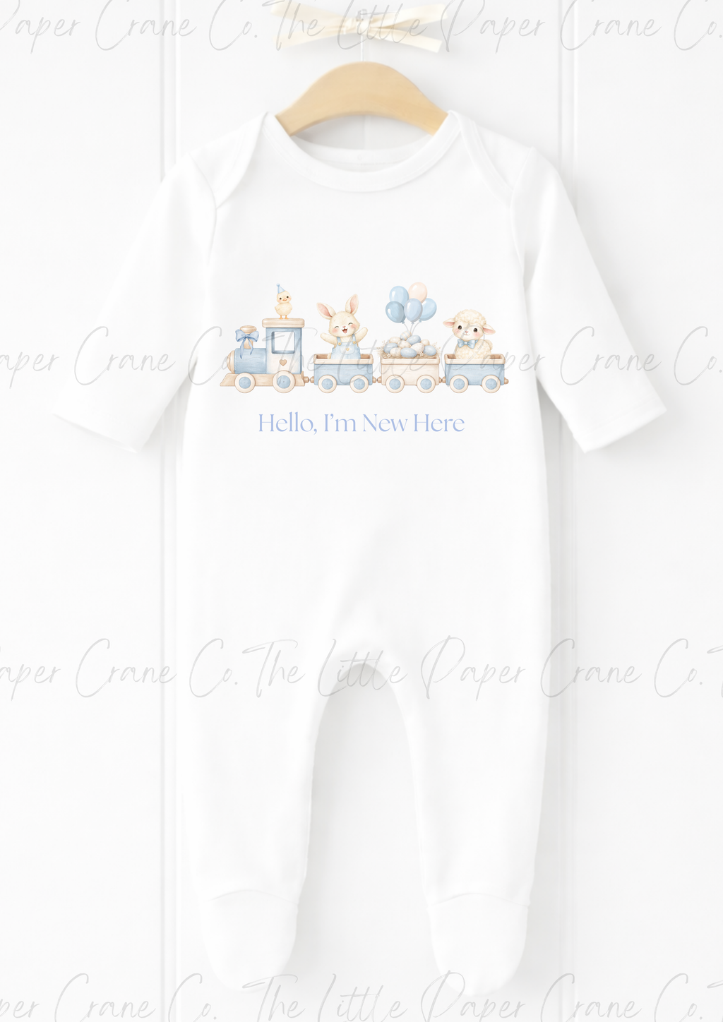 Animal Train Bodysuit - Hello, I'm New here White & Blue