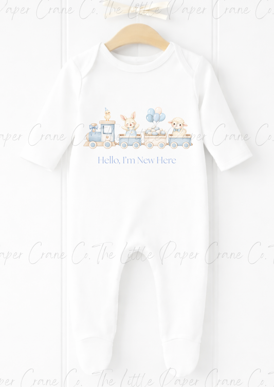 Animal Train Bodysuit - Hello, I'm New here White & Blue