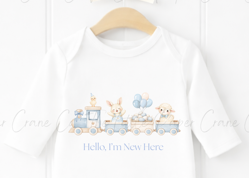 Animal Train Bodysuit - Hello, I'm New here White & Blue