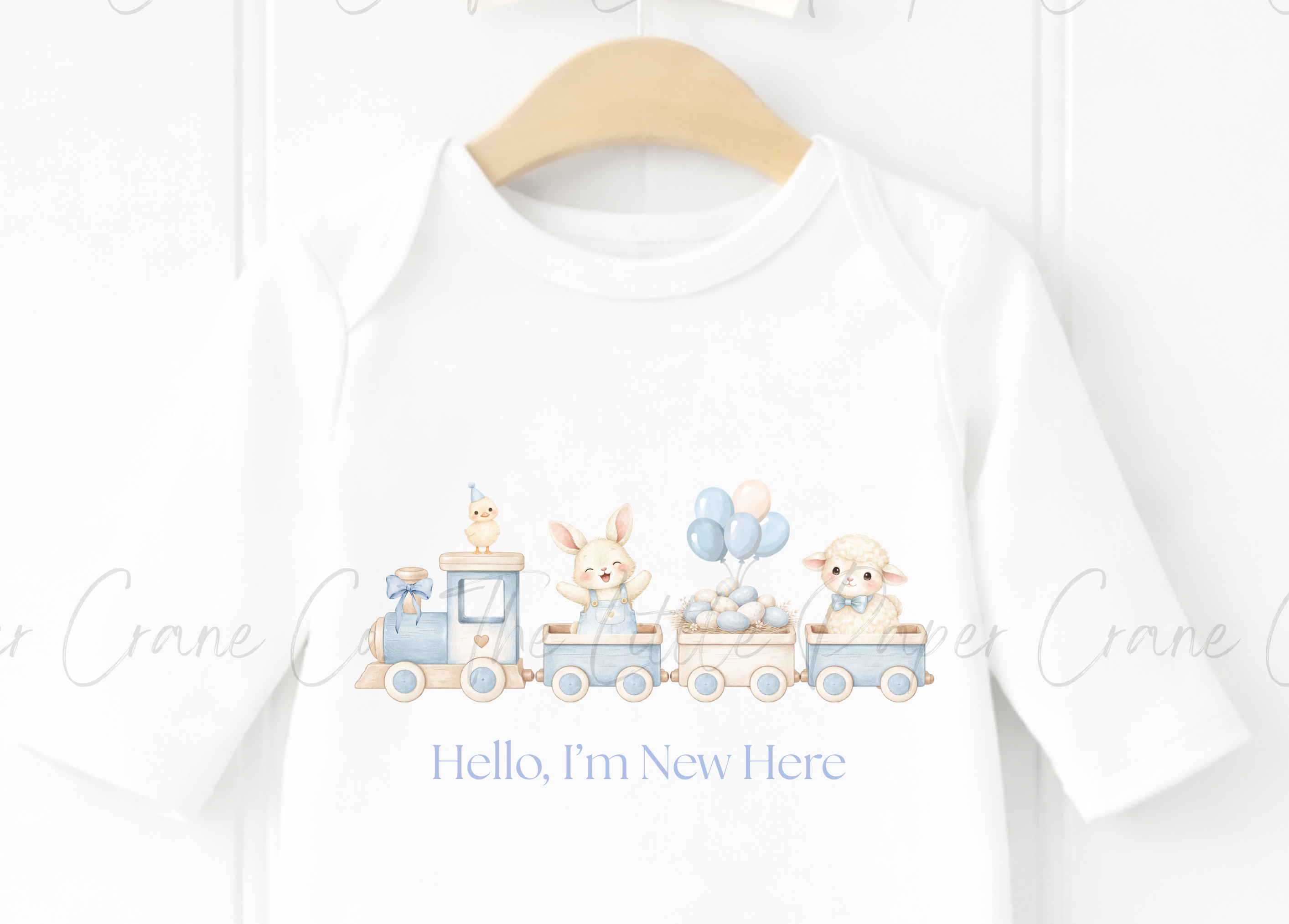 Animal Train Bodysuit - Hello, I'm New here White & Blue