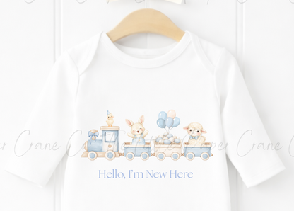 Animal Train Bodysuit - Hello, I'm New here White & Blue
