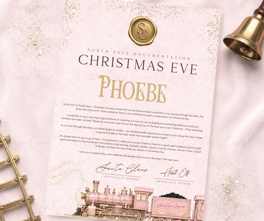 North pole Express Christmas Eve Certificate-Pink- Personalised