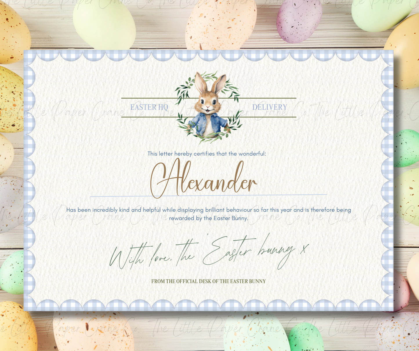Wreath Easter Bunny Certificate - Blue