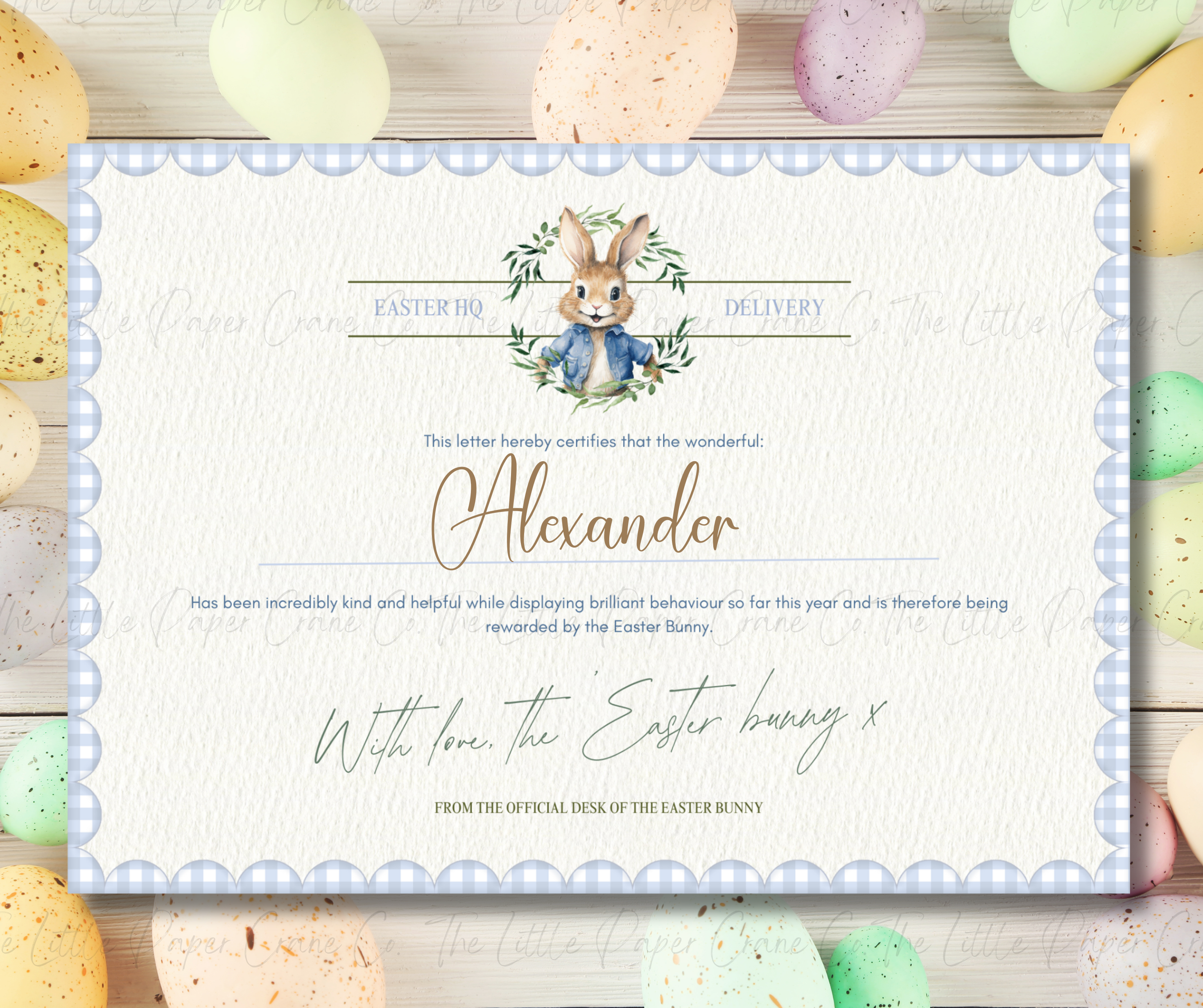 Wreath Easter Bunny Certificate - Blue