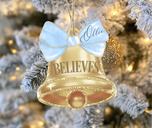 Light Blue Personalised Believe Bell Tree Decoration