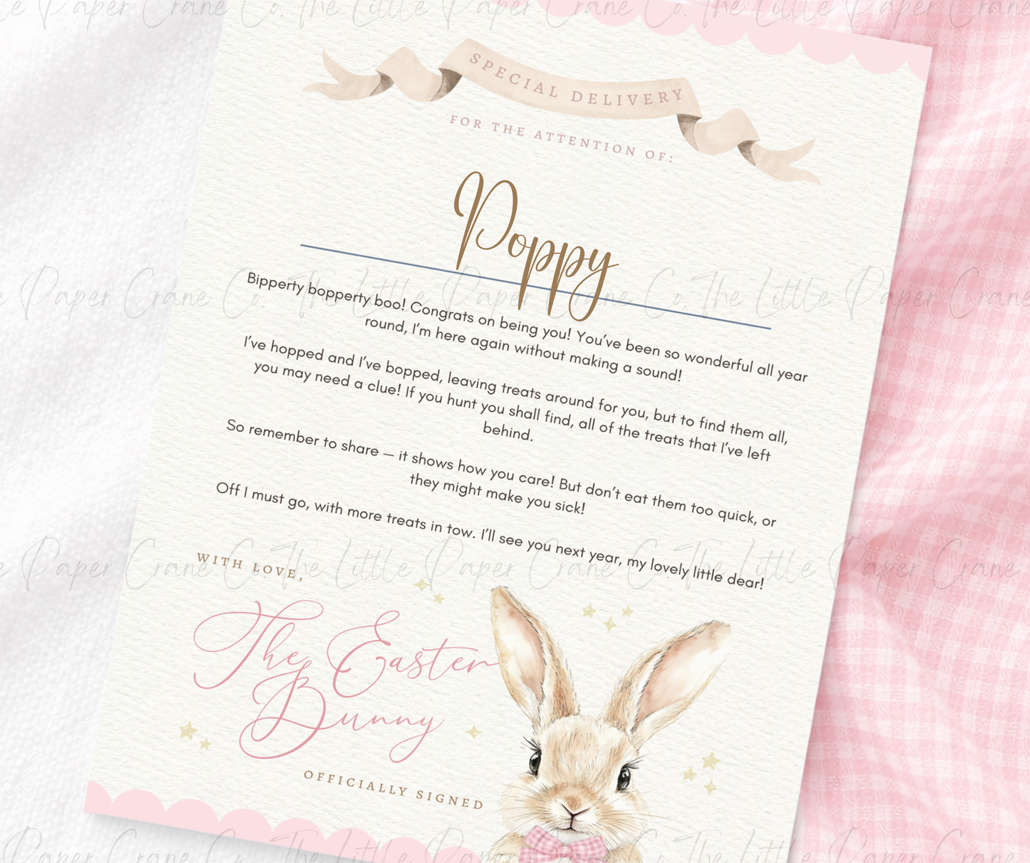 Gingham Easter Bunny Certificate - Pink
