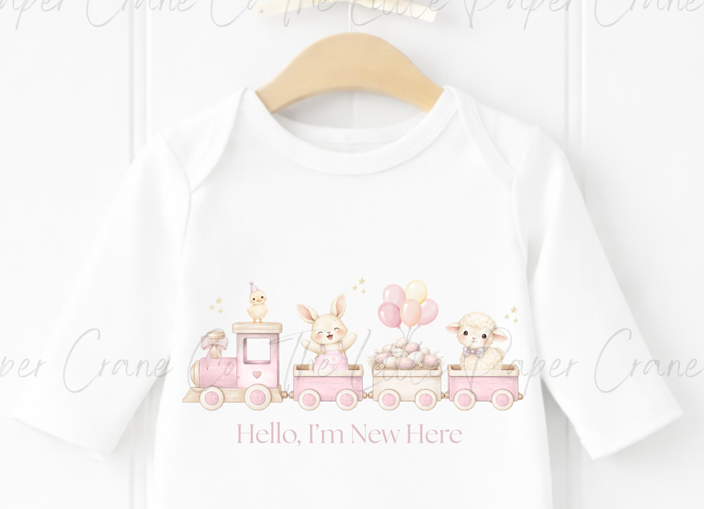 Animal Train Bodysuit - Hello, I'm New here White & Pink