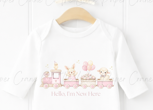 Animal Train Bodysuit - Hello, I'm New here White & Pink