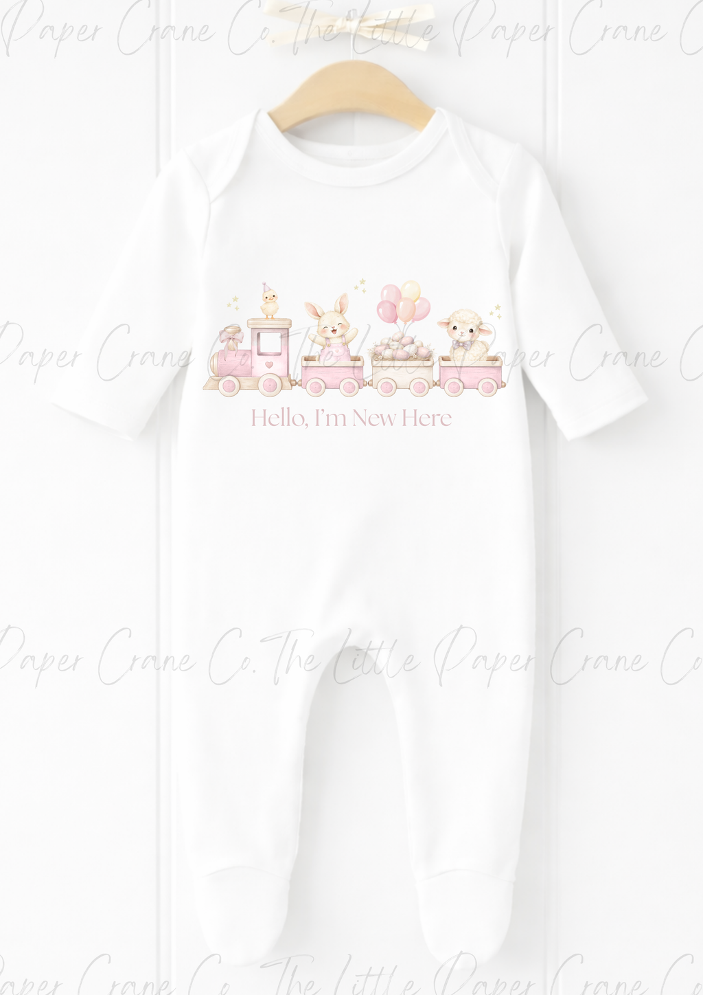 Animal Train Bodysuit - Hello, I'm New here White & Pink