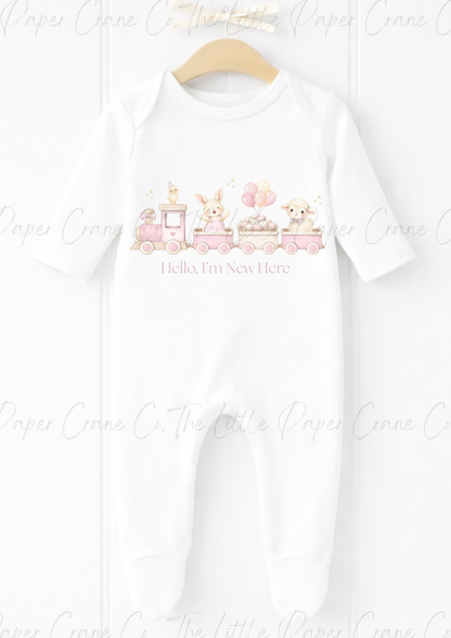 Animal Train Bodysuit - Hello, I'm New here White & Pink