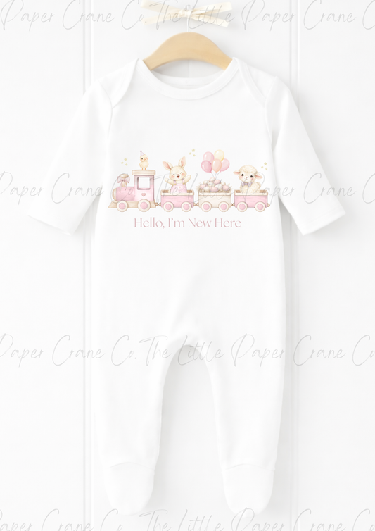 Animal Train Bodysuit - Hello, I'm New here White & Pink