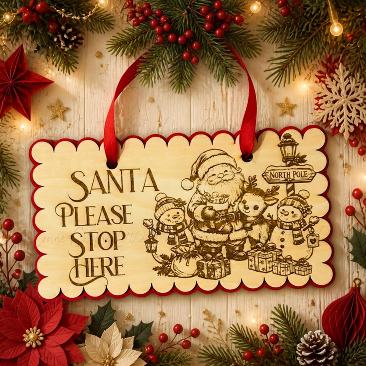 Santa Stop Here Sign- Red Border-Wooden Collection- 2 for £8