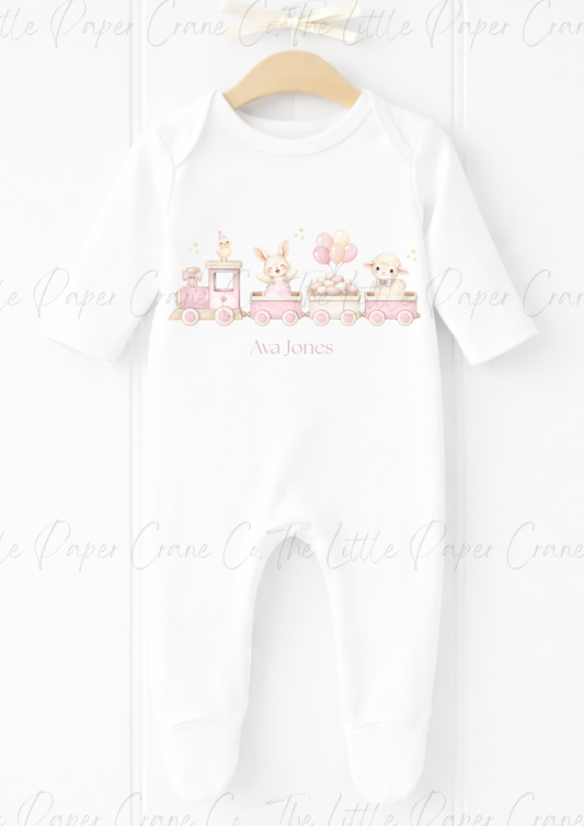 Animal Train Bodysuit - Personalised White & Pink